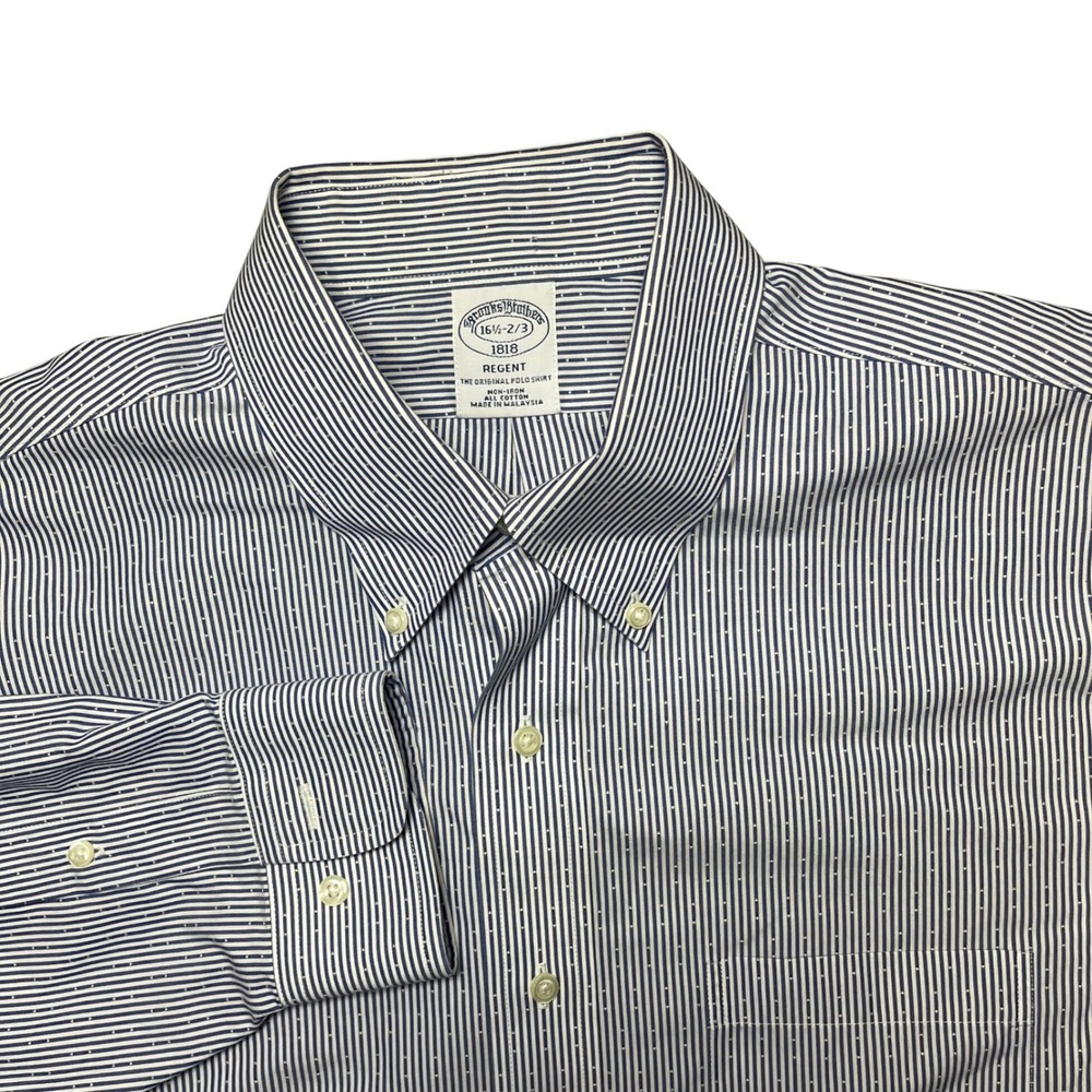 Brooks Brothers Dress Shirt Mens 16.5 32/33 Blue Regent Non-Iron Striped Cotton